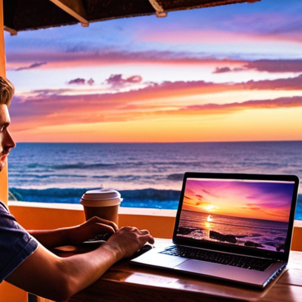 ** A cafe with a panoramic view of the ocean at sunset, a person working on a laptop, with a focus on emotional and rich colors in the sky.
2.  **