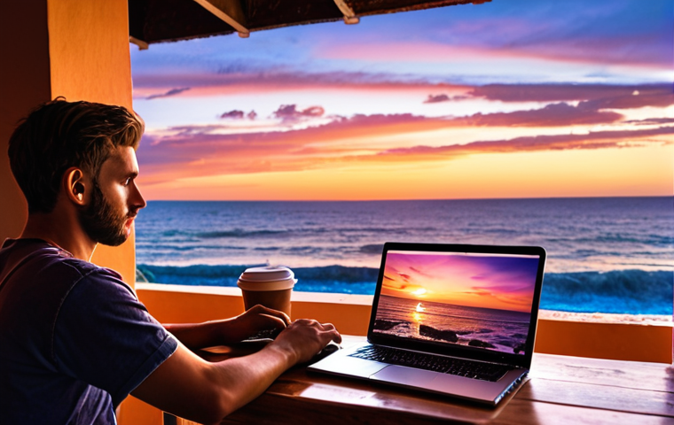 ** A cafe with a panoramic view of the ocean at sunset, a person working on a laptop, with a focus on emotional and rich colors in the sky.
2.  **