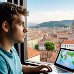 A digital nomad, a diverse young adult, sits at a laptop by a large window overlooking a beautiful, vibrant city or natural landscape. They are gazing outward with a thoughtful, slightly pensive expression, hints of a map or blurred choice options subtly overlaid. The scene conveys the internal weight of decisions despite outward freedom. Cinematic, realistic photo, natural light.