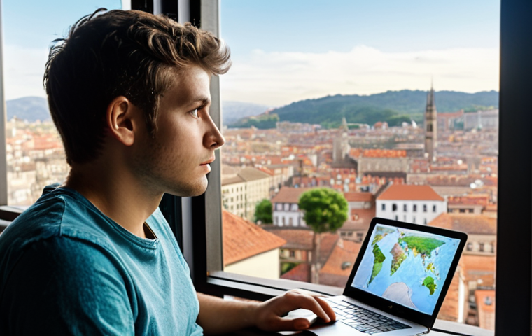 A digital nomad, a diverse young adult, sits at a laptop by a large window overlooking a beautiful, vibrant city or natural landscape. They are gazing outward with a thoughtful, slightly pensive expression, hints of a map or blurred choice options subtly overlaid. The scene conveys the internal weight of decisions despite outward freedom. Cinematic, realistic photo, natural light.